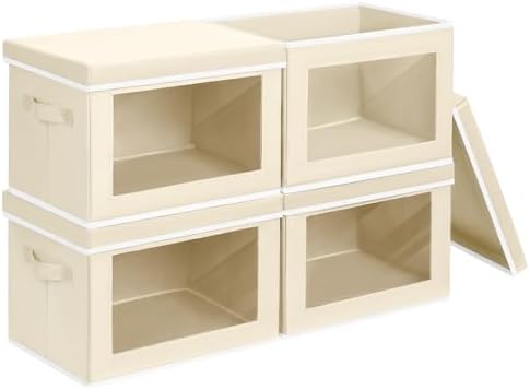 Homsorout Storage Boxes with Lids - 4 Pack Fabric Clear Window Storage Bins, Large Decorative Storage Bins with Handles, Linen Closet Organizer for Clothes, Towel, Blanket, Beige by Homsorout