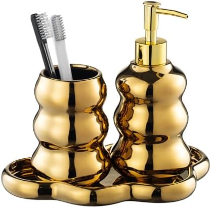 Gold Bathroom Accessory Set, 3-Piece Gold Ceramic Bath Accessories Set with Tray, Lotion Dispenser, and Tumbler for Luxurious Bathroom Decor by LiveHouse