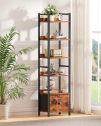 Furologee 6 Tier Bookshelf with Drawer, Tall Narrow Bookcase, Rustic Brown - Image 4