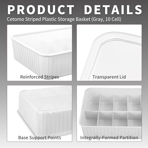 Cetomo 10 Cells Plastic Underwear Sock Drawer Organizer with Lid, Lidded Storage Box with Dividers for Bras and Socks, Basket for Closet, Stackable, Gray, 10 Compartments (31 x 24 x 8 cm) - Image 2
