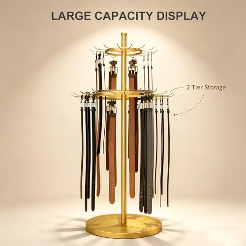 66.2 Inch Tie Rack Belt Display Shelf, 360° Rotation Floor Standing Belt Hanger,2 Tier Retail Scarf Stand Jewelry Organizer Shawls Purse Shelf for Home, Boutiques, Clothing Stores, Retail Stores - Image 4