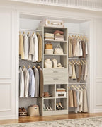 Small Closet System, 3.2-6.8FT Small Closet Organizer with 2 Wooden Drawers & 5 Hanging Rods, Can Fit 37.5 to 81.9 inch Walk-in Closet System, Built-in, Greige Oak, Enclosed Storage Volume 2.32 ft³ by Besiost
