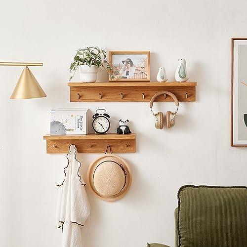 Oak Wood Coat Rack Wall Mount With Shelf 20 Inch Long, 5 Hooks, Floating Entryway Wall Shelf for Bathroom, Hallway, Living Room - Image 5