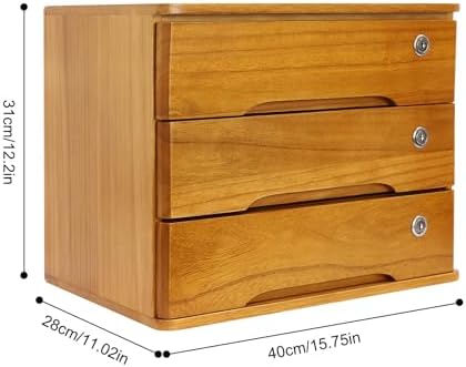 Lockable Desk Organizer Wooden Desktop Drawers Office Flat Files Storage Box Locking Countertop Storage Cabinet (Wood Yellow, 3-Tier) - Image 2