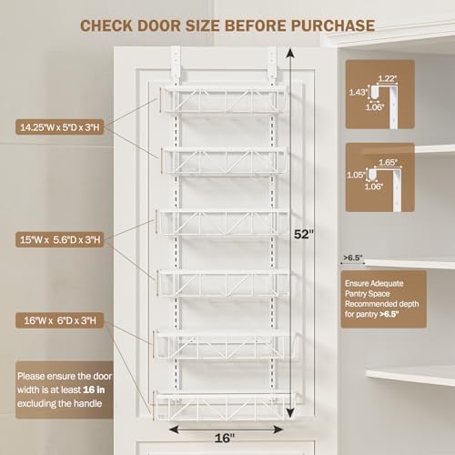Delamu Adjustable Over the Door Pantry Organizer, 6-Tier Metal Pantry Organization and Storage for Kitchen, Hanging Spice Rack Seasoning Shelves, Cabinet Door Organizer for Easy Install, 16" - Image 2