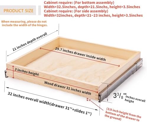 Mulush 32''W x 21''D x 3''H Pull Out Cabinet Drawer Soft Close Slide Out Wood Organizer for Kitchen, Finished, Bottom and Side Assembly (Wood Drawer Part Width is 31inch) - Image 3