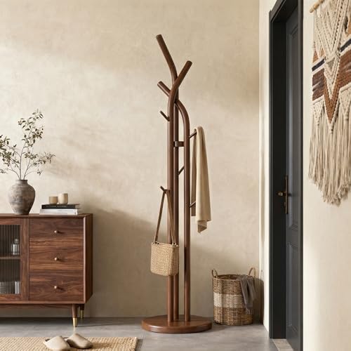 Solid Wood Coat Rack Freestanding Wood Coat Tree Rack with 9 Hooks, Creative Tree-Shaped Design, Standing Coat Rack Clothes Hanger Stand with Sturdy Base for Entryway, Bedroom - Load 300lb (Walnut) - Image 5
