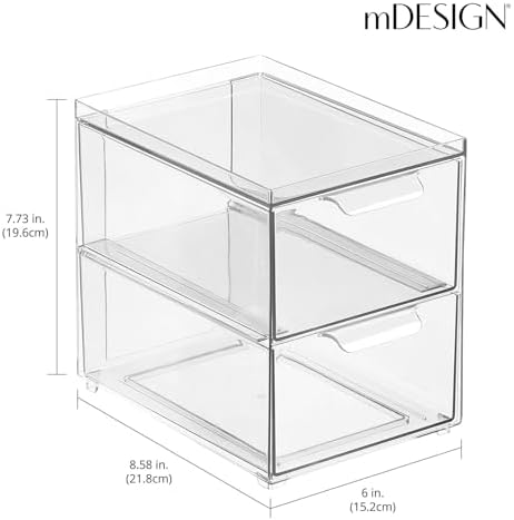 mDesign Stackable Storage Containers Box with 2 Pull-Out Drawers - Stacking Plastic Drawer Bins for Closet Organization, Linen, Coat, Bedroom or Entryway Closets - Lumiere Collection - 4 Pack, Clear - Image 3