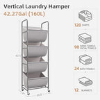 STORAGE MANIAC Vertical Rolling Laundry Hamper, 4 Section Laundry Sorter with Wheels and 2 Breaks, 4-tier Laundry Baskets for Small Space, Dorm, Laundry Room, Closet, Bathroom, Gray 4-tier - Image 4