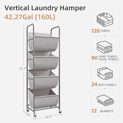 STORAGE MANIAC Vertical Rolling Laundry Hamper, 4 Section Laundry Sorter with Wheels and 2 Breaks, 4-tier Laundry Baskets for Small Space, Dorm, Laundry Room, Closet, Bathroom, Gray 4-tier - Image 4