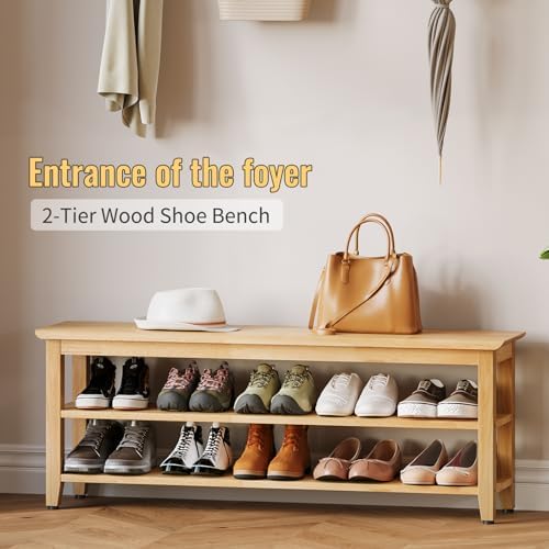 Wood Shoe Bench for Entryway,Bench with Shoe Rack,Storage Shoe Organizer for Hallway,Living Room,Bedroom (Natural, 47.24''W×11.81‘’D×17.71‘’H) - Image 3