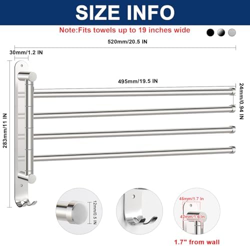 NearMoon Swivel Towel Rack, 19.5" Thicken 304 Stainless Steel 4-Arm Towel Bar, Space Saving Wall Mounted Towel Holder with Hook, Rustproof Swing Out Towel Hanger for Bathroom, Kitchen (Chrome Finish) - Image 2