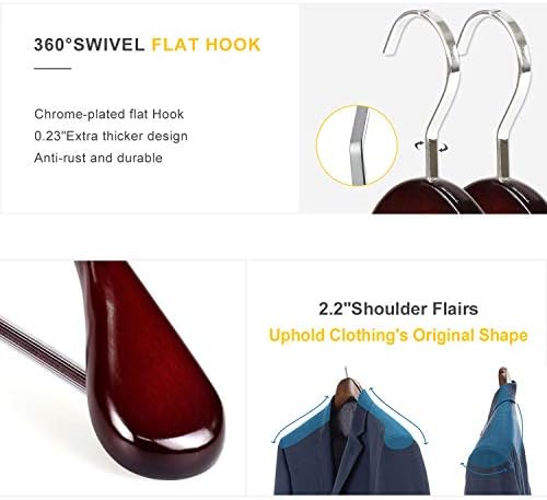 TOPIA HANGER Set of 6 Luxury Mahogany Wooden Coat Hangers, Premium Wood Suit Hangers, Glossy Finish with Extra-Wide Shoulder, Thicker Chrome Hooks & Anti-Slip Bar CT02M - Image 3