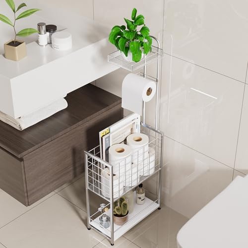 SWTYMIKI Freestanding Toilet Paper Holder - 4-Tier Free Standing Toilet Paper Holder Stand with Large Basket, Stand Mega Roll Storage Rack for Extra Rolls, Magazines, Wet Wipes, Silver - Image 3