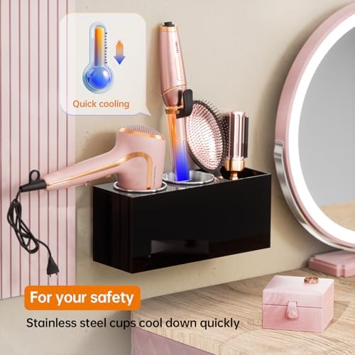YUNEASELF Hair Tool Organizer Acrylic: Hair Dryer Holder Wall Mount - Blow Dryer Holder Cabinet Door - Bathroom Countertop Organizer for Curling Iron Hot Styling Tools Flat Iron - Black - Image 2