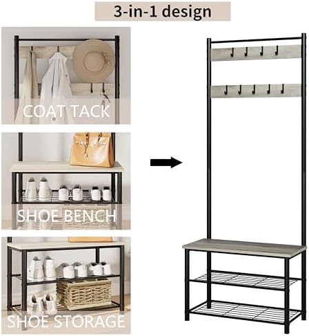 Hall Tree with Bench and Shoe Storage, 3-in-1 Coat Rack, Freestanding Wooden Coat Rack with Shoe Bench with Metal Frame, 3-Tier Storage Shelf and 9 Removable Hooks, Greige - Image 3