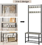 Hall Tree with Bench and Shoe Storage, 3-in-1 Coat Rack, Freestanding Wooden Coat Rack with Shoe Bench with Metal Frame, 3-Tier Storage Shelf and 9 Removable Hooks, Greige - Image 3