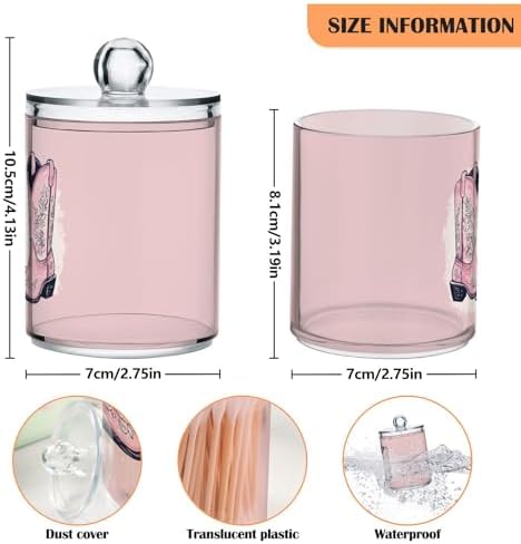 Fustylead 4 Pack Pink Cowgirl Boots with Ornament Plastic Apothecary Jar Set for Cotton Swab, Ball, Pad, Floss, Qtip Holder Dispensers for Bathroom Storage Organizer - Image 2