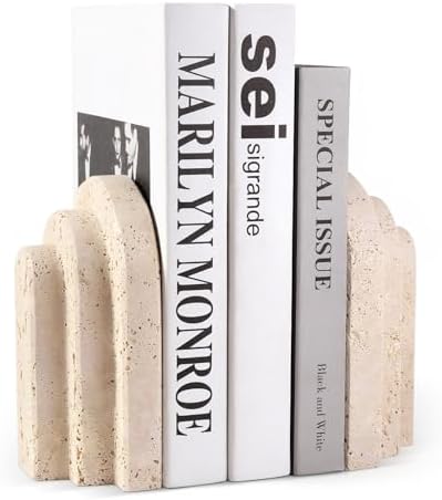 Natural Marble Book Ends - Heavy Duty Bookends for Shelves - Aesthetic Layered Arch Design Stone Book Holders, Unique Modern Office Bookshelf Stopper Decor for Books/CDs(Travertino Turkey) by BCS