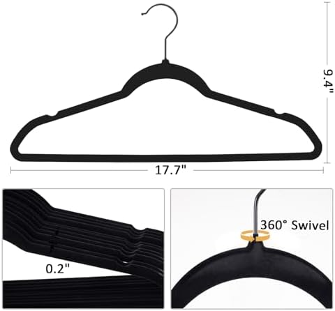Black Velvet Clothes Hangers 60 Pack, Slim Space Saving Suit Hangers for Closet Organizer, 360° Rotating Black Hooks, Non Slip Clothes Felt Hangers Heavy Duty for Coats,Shirts, Pants, and Dress - Image 2