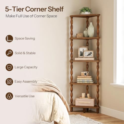 HOOBRO Corner Shelf, 5-Tier Wooden Corner Bookshelf for Small Space, Stylish Corner Storage Display Shelves for Living Room, Kitchen, Office Rustic Brown FG195CJ01 - Image 5