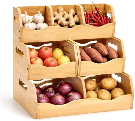 Bamboo Potato Onion Storage Bins, 3 Tier Stackable Produce Basket by VELOHEIM