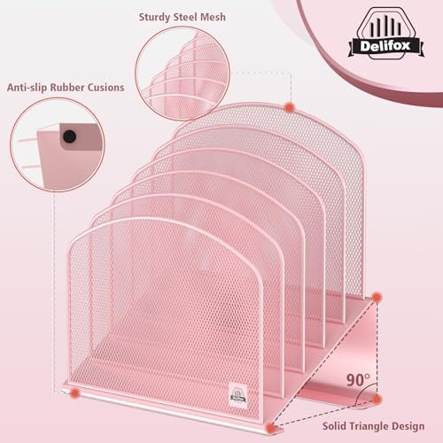 Delifox Inclined Desk File Organizer,Vertical File Folder Holder Stand Metal Rack File Sorter for Office Classroom Desktop Organization (2, Pink, 5) - Image 3