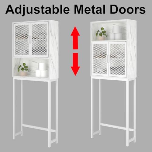 Launica 65 Inch Over The Toilet Storage Cabinet Wood and Metal White Marble - Image 5