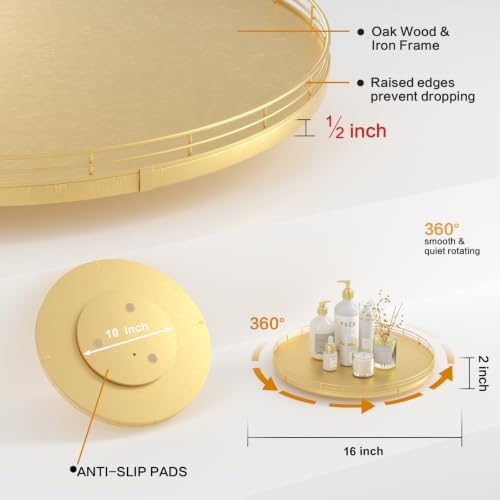 Oroyutor 16-Inch Oak Lazy Susan Organizer with Gold Metal Rail - Image 6