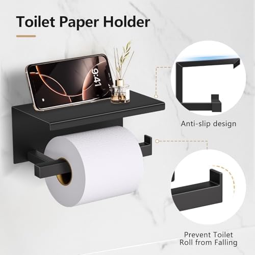 TQKAG 5-Pieces Matte Black Bathroom Hardware Accessories Set 23.6" SUS304 Stainless Steel Towel Bar Set Wall Mounted Square Toilet Paper Holder with Shelf - Image 4