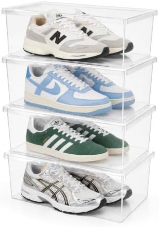 Superio Shoe Box Modern Storage Container 4 Pack - 6.5 Quart/6 Liter, Stackable Plastic Shoe Box Organizer (13.5" L x 8.35" W x 5.2" H) by Superio