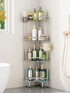 HapiRm Standing Shower Caddy Corner - 4 Tier Corner Shower Organizer with Toothbrush Holder and 16 Hooks, Large Capacity Rustproof Bathroom Shelves for Tall Bottles, Silver by HapiRm