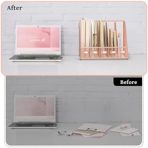 SUPEASY Desk Organizers Metal Desk Magazine File Holder with 5 Vertical Compartments Rack File Organizer for Office Desktop, Home Workspace, Rose Gold - Image 5