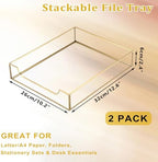 BTSKY 2 Pack Golden Glass Desk Tray, Multi-Purpose Organizer for A4 Paper, Documents, Desk Supplies, Makeup, Clear File Tray with Metal Frame, Stackable Decorative Storage for Home Office Vanity - Image 3