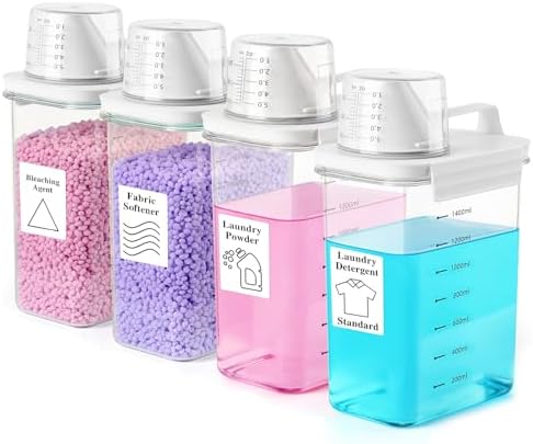 4 Pack Laundry Detergent Dispenser 61oz Plastic Liquid Detergent Dispenser with Label Powder Container & Scent Booster Beads Dispenser Fabric Softener Holder for Laundry Room Organization,Clear by VZZNN
