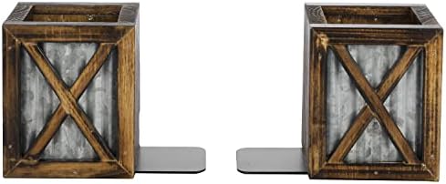 MyGift Rustic Bookends with Pen Holder, Wood & Metal Desk Organizer - Image 6