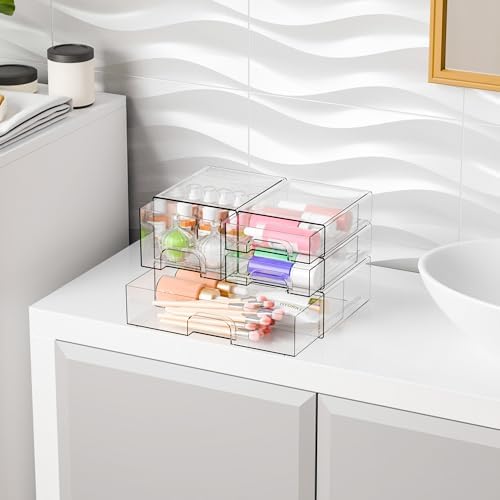 Yieach 4 Pack Clear Stackable Storage Drawers,Acrylic Drawer Organizer for Medicine,Palettes,Hair Accessories and Makeup Organizer,Plastic Drawers for Cabinet,Office,Desk,Bathroom Storage Containers - Image 6
