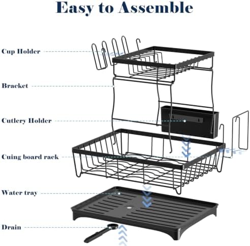 Large Dish Drying Rack for Kitchen Counter, Detachable Large Capacity Dish Drainer Organizer, 2-Tier Dish Racks with Utensil Holder, Black - Image 7