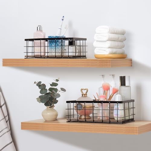 ROSE BLOOM Small Metal Wire Storage Basket, Decorative Wood Base Organizer Bins for Bathroom, Kitchen, Laundry Room, Pantry, Basket for Toilet Paper, Fruits, Spices (2 Pack) - Image 2