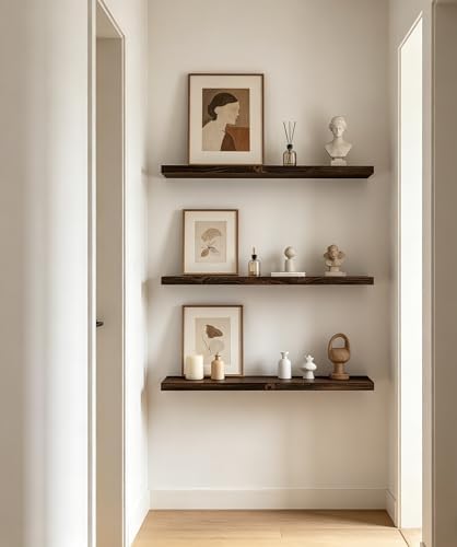 24 Inch Rustic Wood Floating Shelves Farmhouse Wooden Wall Shelves for Bathroom Bedroom Living Room Kitchen Office Set of 4 Brown - Image 2