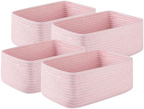 OIASKET 4 Pack Small Storage Shelf Baskets for Organizing, Mini Woven Rope Storage Bins for Towels, Cute Decorative Closet Organizer，Baby Nursery, Gift Empty Baskets -11.81''Lx7.87''Wx4.72''H-Pink by OIASKET