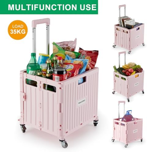 MACOPRO Folding Utility Cart Portable Rolling Crate Handcart Shopping Trolley Collapsible Tool Box, with Lid, Basket on 4 Rotate Wheels, for Grocery, Shopping, Office, Teacher (Pink) - Image 2