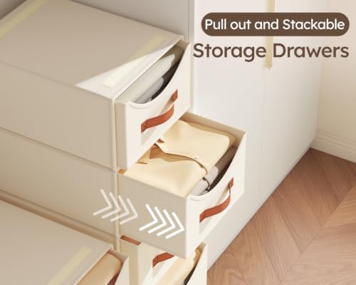 Homsorout Stackable Storage Drawers - Collapsible Storage Bins with Drawers, 4 Pack Closet Shelf Organizer Basket, Fabric Pull Out Organizer for Bedroom, Living Room, Dorm, Beige - Image 5