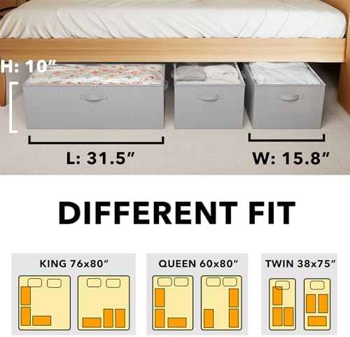 SpaceAid 3 Pack 10" High Under Bed Storage Containers, Large Underbed Storage Organizer Bins with Lids for Bedroom, Dorm, Clothes, Closet Organization, Bed Sheets and Blankets (Gray) - Image 4