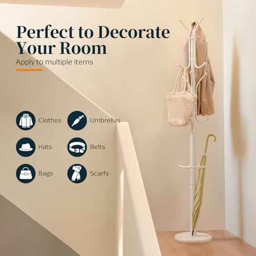 Yoobure Metal Coat Rack Freestanding with Marble Base, Coat Tree with 12 Hooks & Umbrella Holder, Coat Hanger Stand for Corner Entryway Bedroom Office, Heavy Duty Coat Rack Stand for Clothes Hats Bags - Image 6