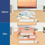 AUPSEN Computer Monitor Stands Riser，2-Tier Desk Organizers and Accessories, Office Desk Accessories Organizer with Drawers and 2 Pen Holder for Office Supplies (Rose Gold) - Image 4