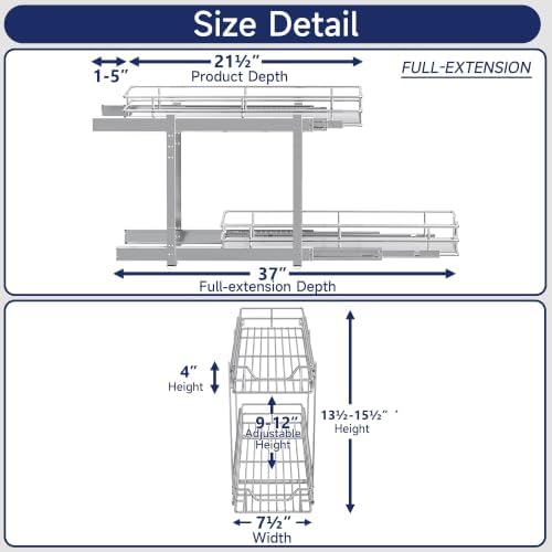 2-Tier Pull Out Cabinet Organizer, 7.5" W x 21.5" D, Heavy Duty Dual Slide Out Shelves for Narrow Base Cabinets, Chrome Wire Basket Drawer for Spices, Bottles & Snacks - Image 2