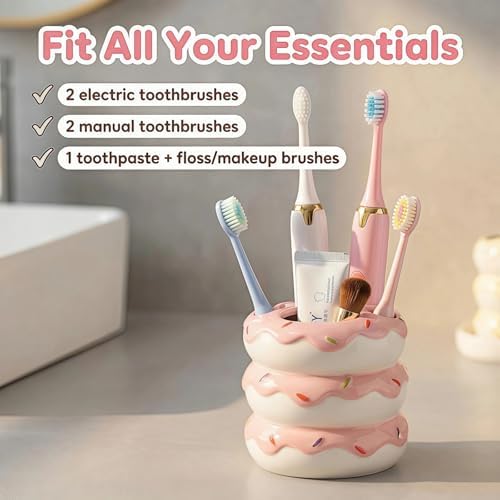 Donut Ceramic Toothbrush Holder, 5-Slot Toothbrush and Toothpaste Holder Cute Toothbrush Holder Set, Bathroom Storage Rack Suitable for Electric Toothbrushes, Toothpaste, Dental Floss (Pink) - Image 4