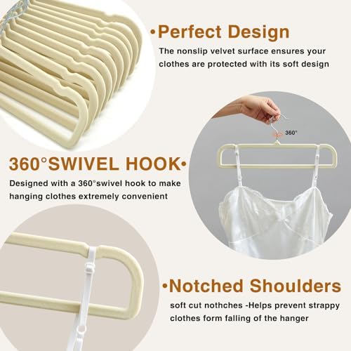 60 Pack Beige Velvet Felt Pants Hangers with 60 Hooks, Heavy Duty Space Saving Clothes Hangers with 360° Swivel Hook, Non Slip Thin Cute Flocked Design for Shirts, Coats, Dresses & Closet Organization - Image 5