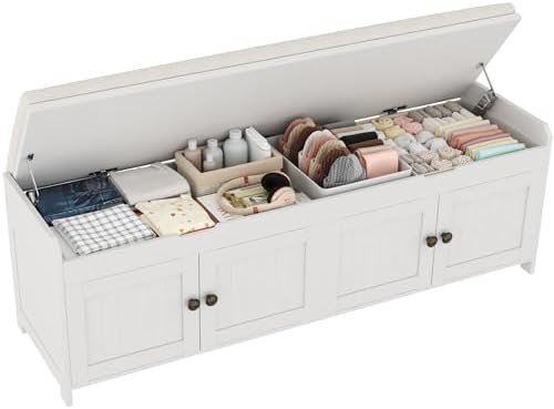 HOMEFORT 54.4" Shoe Bench with Lift Top Storage, Entryway Bench with Cushioned Seat, Wooden End of Bed Bench, Shoe Cabinet Bench with Hidden Storage Space, for Bedroom, Hallway,White by HOMEFORT